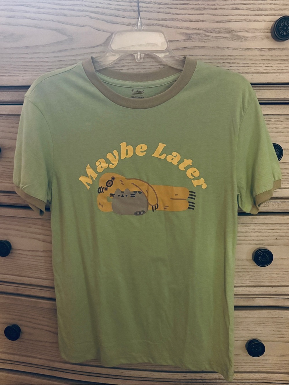 Rare Pusheen Sloth Maybe Later Green Ringer Tee Shirt Box Exclusive XS Unisex